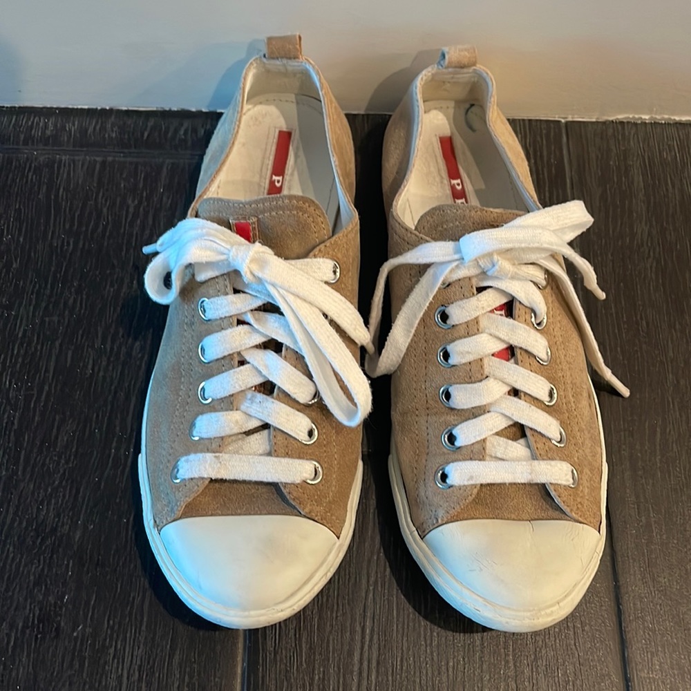 Prada Suede Lace-Up Sneaker, Size 36 Color: Sand